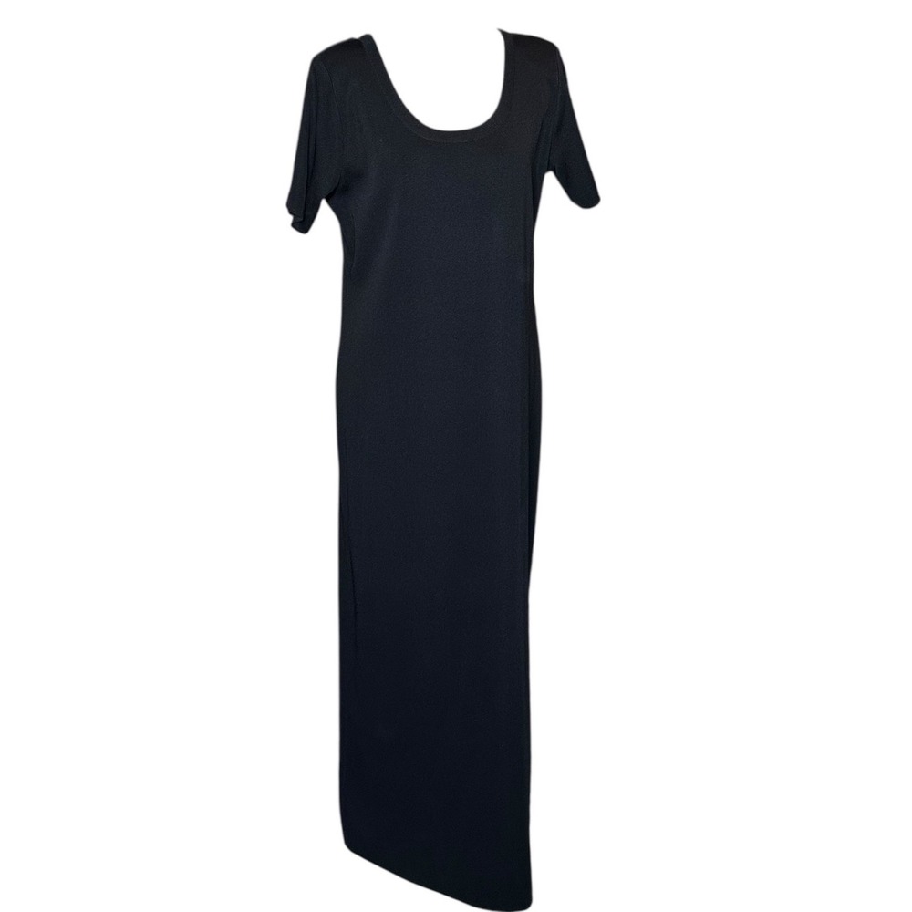 Misook Black Knit Maxi Dress Short Sleeve Scoop Neck Side Slits Size M Korea